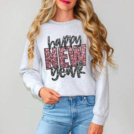 Happy New Year Pink/Black Faux Embroidery/Sequin
