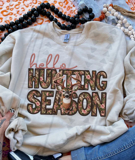 Hello Hunting Season with Deer Faux Embroidery