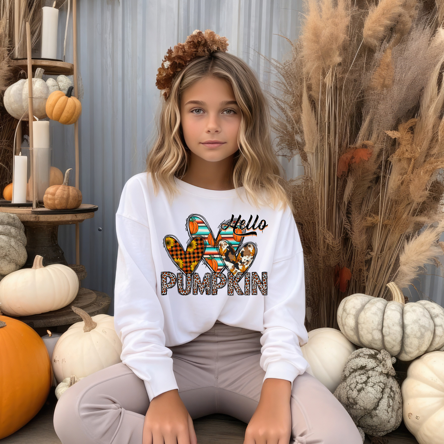 Hello Pumpkin with Cowhide Heart Completed Shirt- Kid