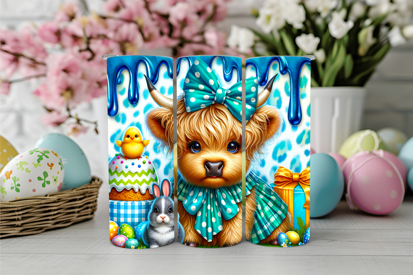 Highland Cow with Blue Leopard Easter Tumbler