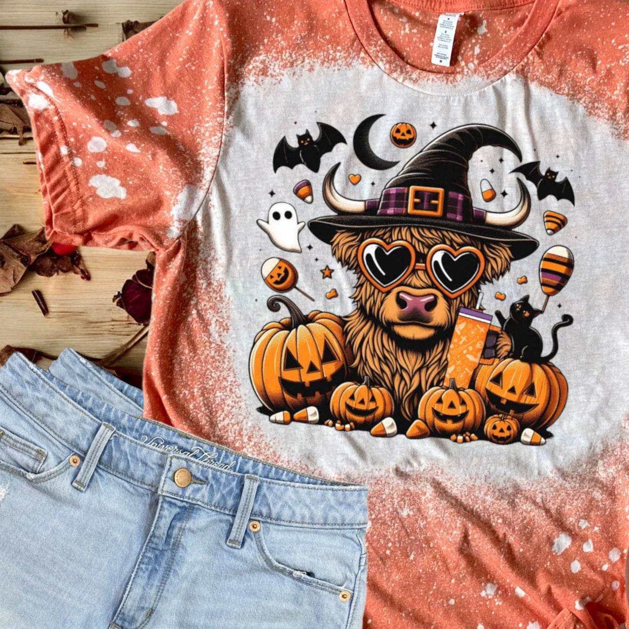 Halloween Highland Cow Orange Bleached