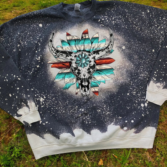 Cow Skull with Serape Sunflower Black Bleached