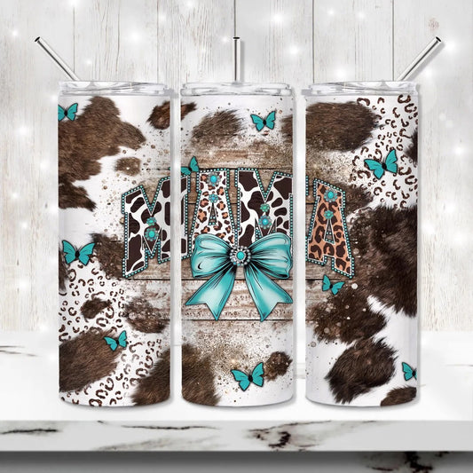 Turquoise and Cow Print Mama Sublimation Tumbler
