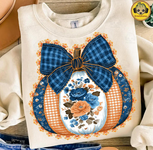 Orange Checkered and Blue Floral Pumpkin