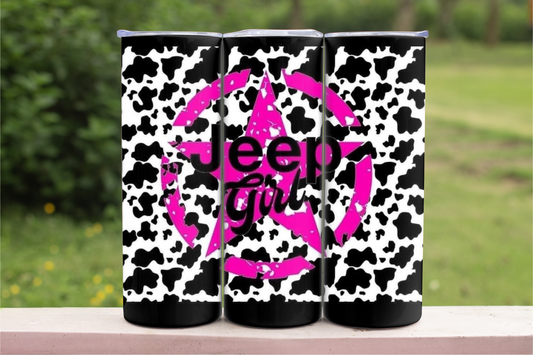 Pink Jeep Girl with Cow Print Sublimation Tumbler