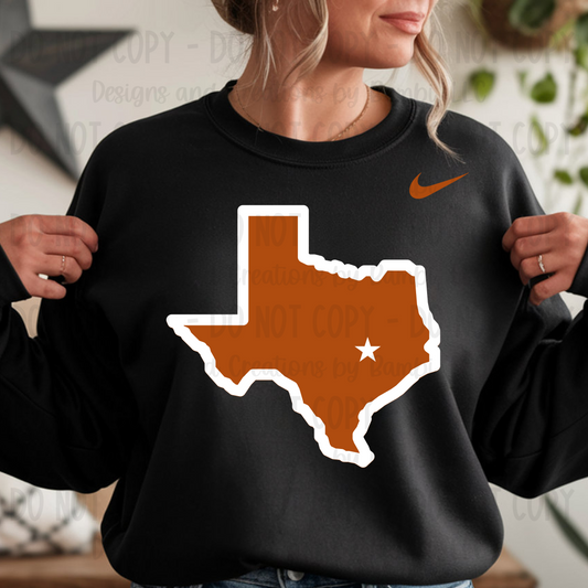 Large Burnt Orange Texas with White Outline and Swoosh