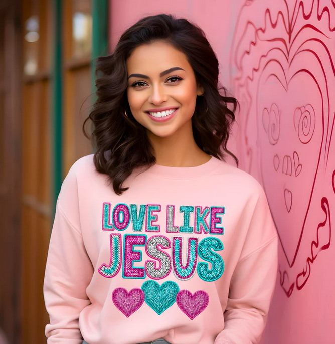 Turquoise and Purple Love Like Jesus Faux Embroidery/Sequin