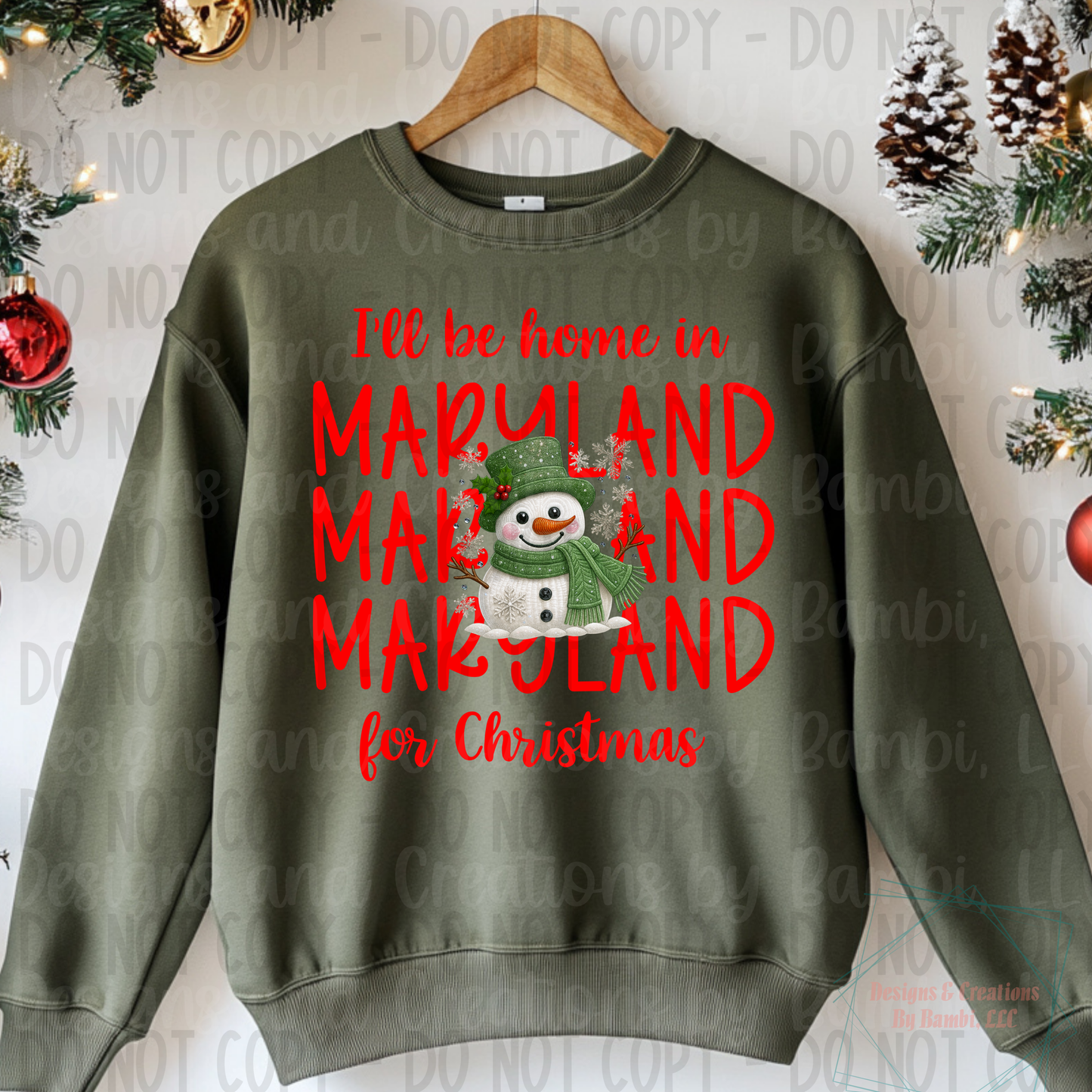 I'll Be Home In States Sage Green Snowman with Red Font Collection