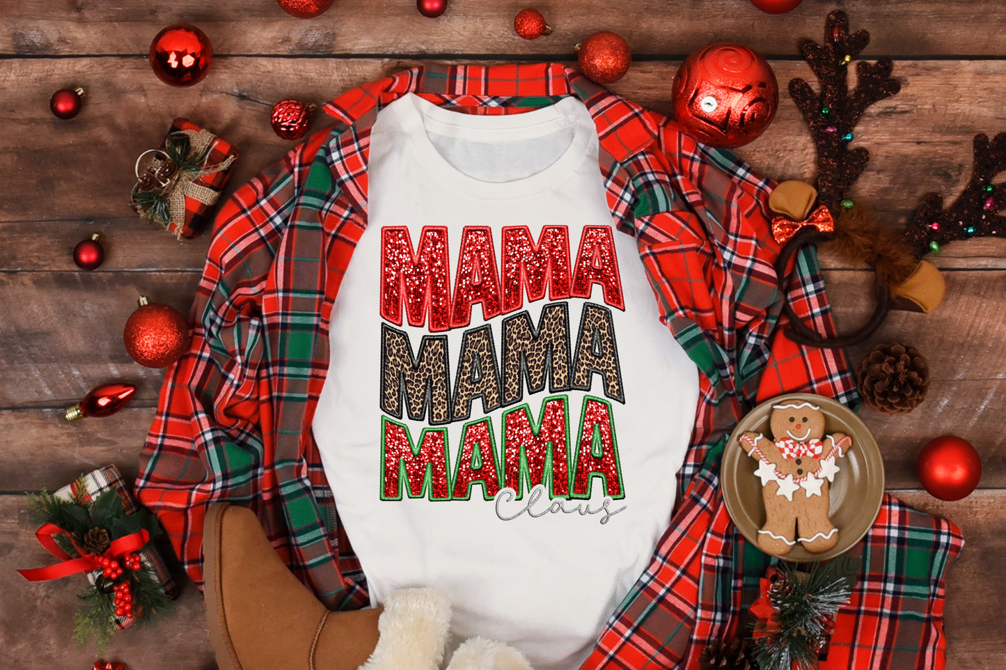Stacked Faux Sequin/Embroidery Mama Claus
