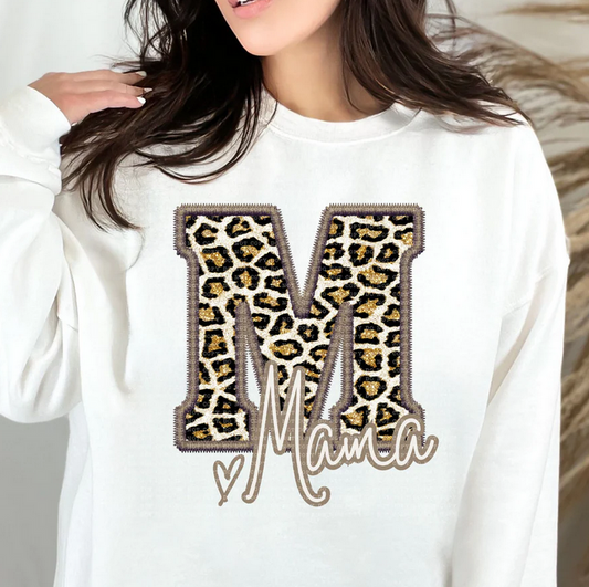 Mama Glitter Leopard Faux Embroidery