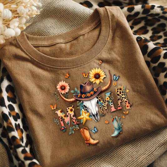 Mama Western Multipatterned with Cow Skull-Sunflowers
