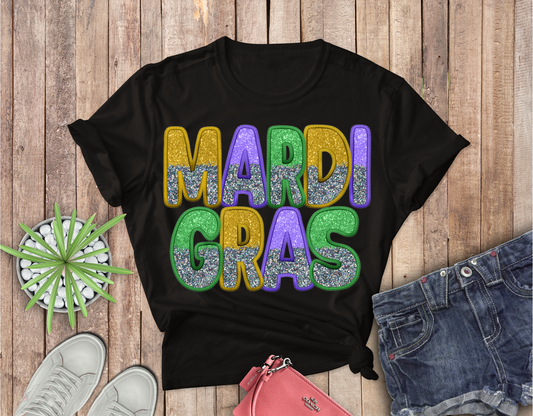 Multi Color Faux Embroidery with Glitter Mardi Gras