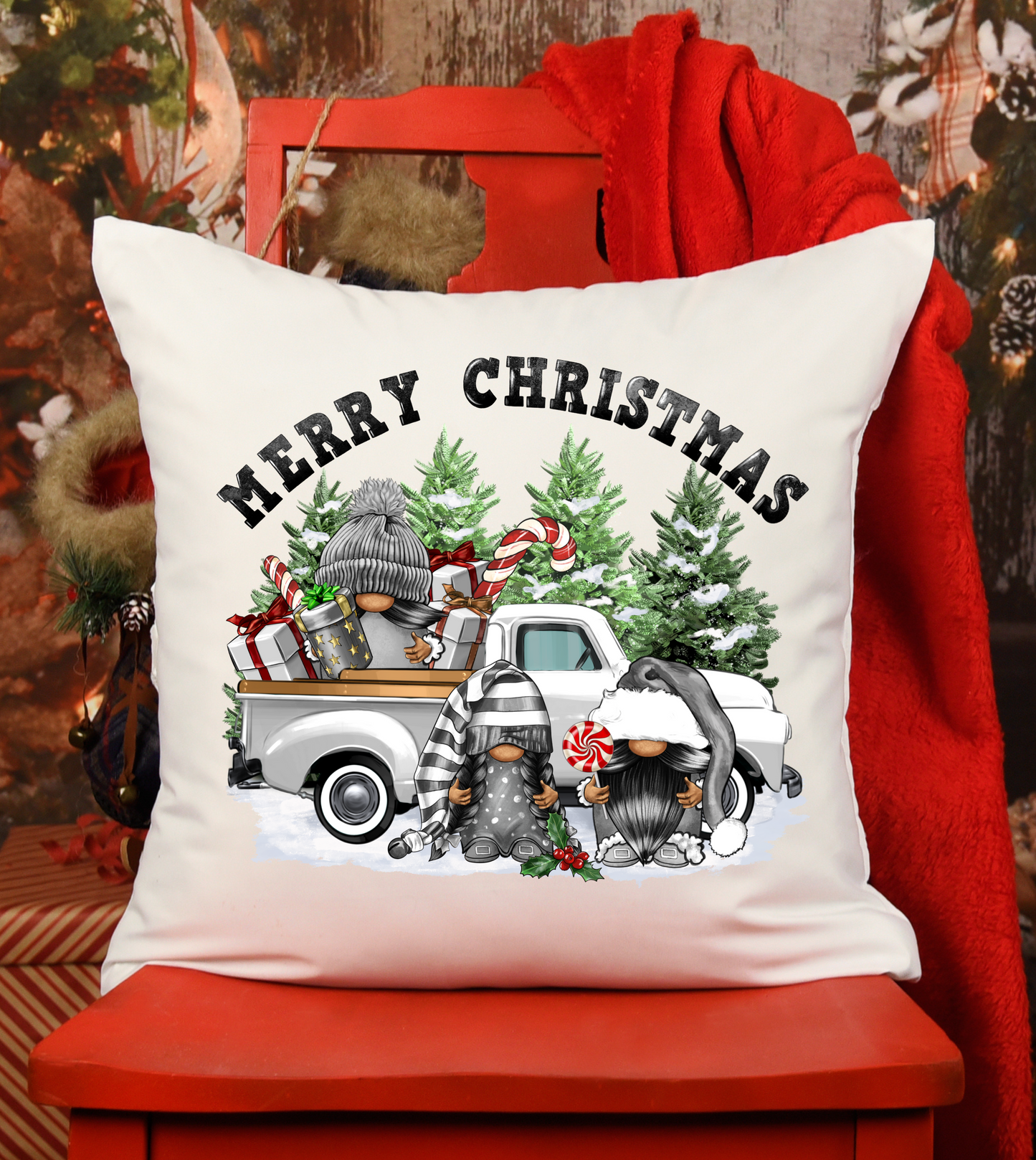 Merry Christmas with Gnomes Throw Pillow