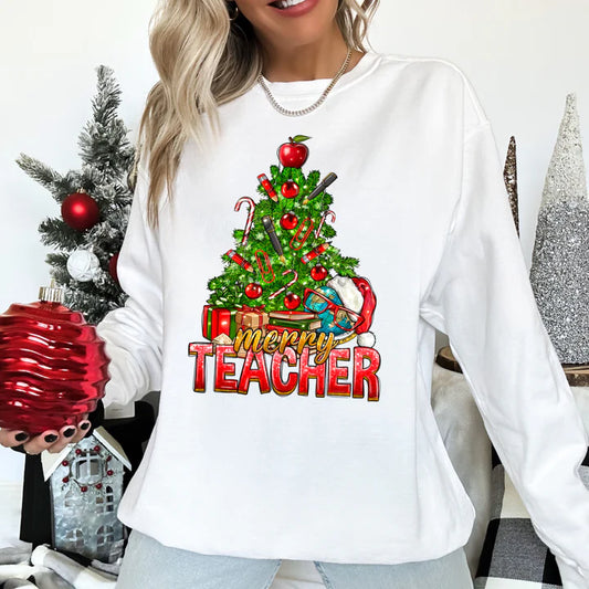 Merry Teacher with Globe and Christmas Tree