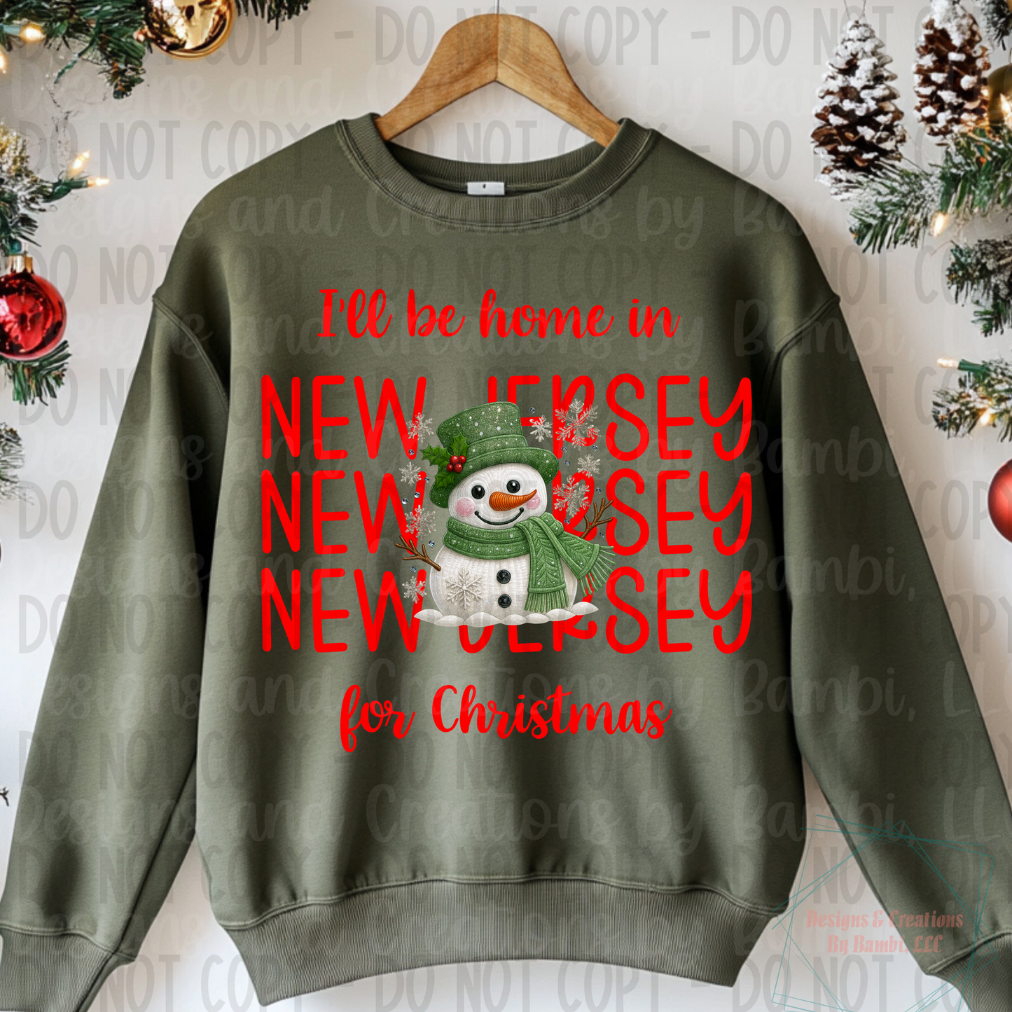 I'll Be Home In States Sage Green Snowman with Red Font Collection