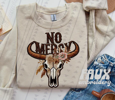 No Mercy with Cow Skull Faux Embroidery