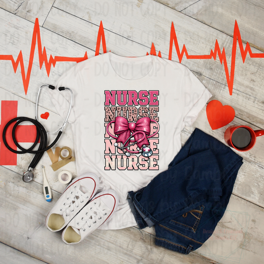 Faux Embroidery Nurse Stacked with Dark Pink Bow