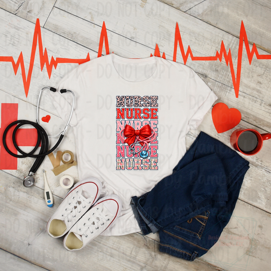 Faux Embroidery Nurse Stacked with Leopard and Red