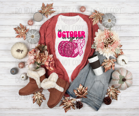 October Wear Pink Faux Glitter Pumpkin Breast Cancer Digital PNG File