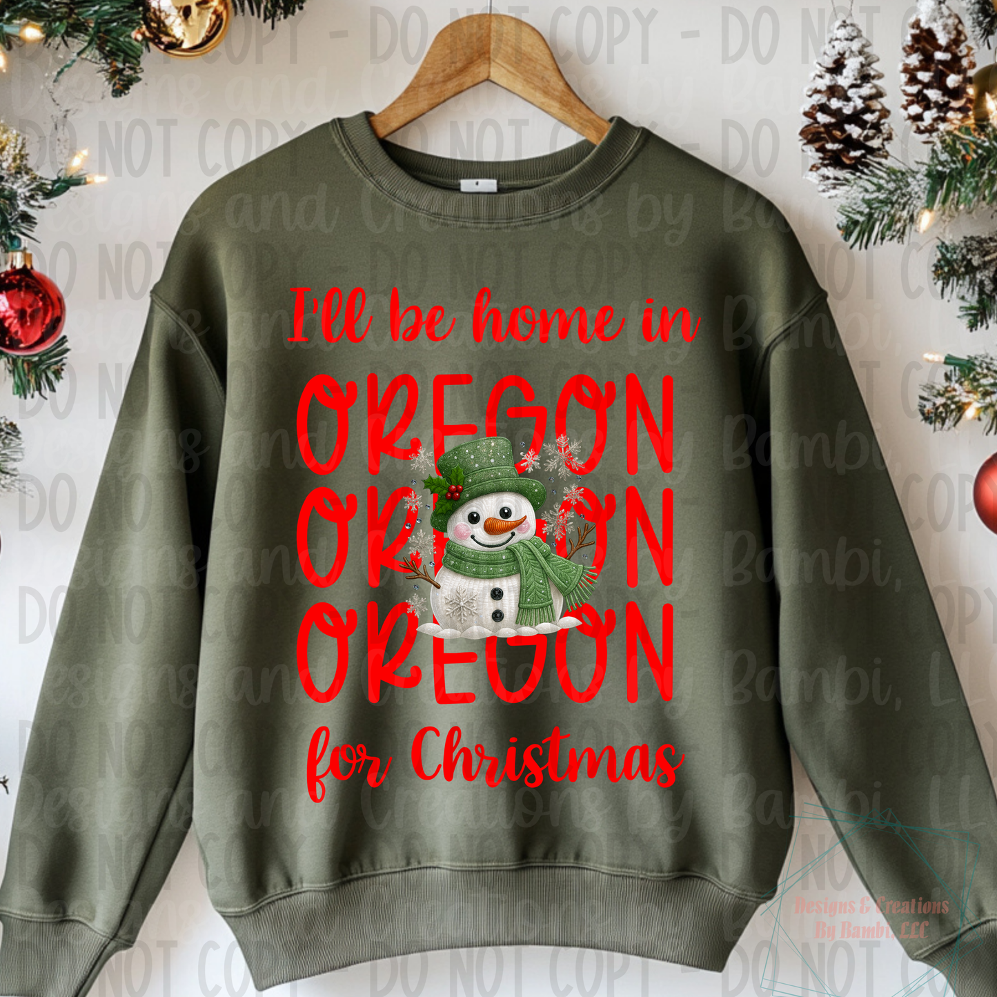 I'll Be Home In States Sage Green Snowman with Red Font Collection