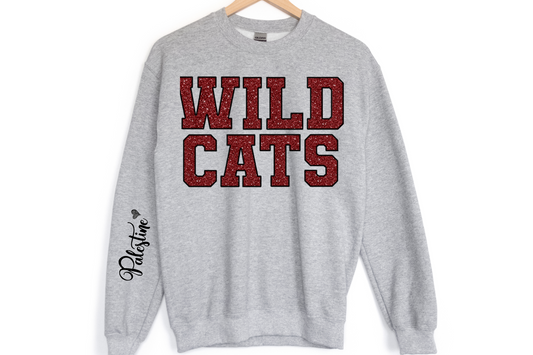 Wildcats in Maroon Black Outline with Black Palestine on Sleeve
