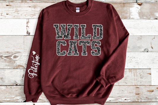 Wildcats in Black White Outline with White Palestine on Sleeve
