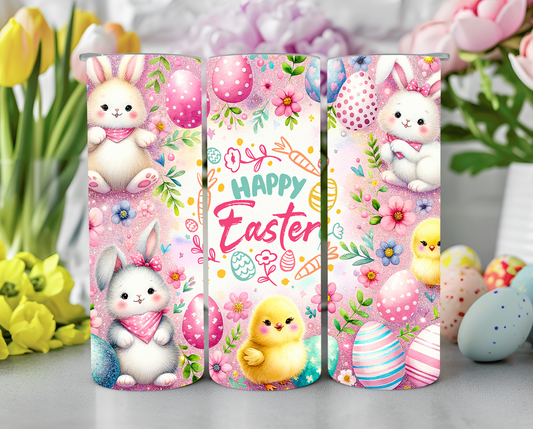 Pastel Happy Easter with Bunnies and Chicks Tumbler