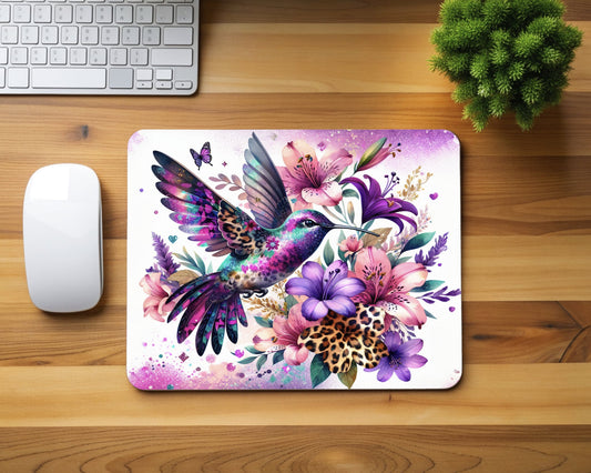Purple Turquoise and Leopard Hummingbird Mouse Pad