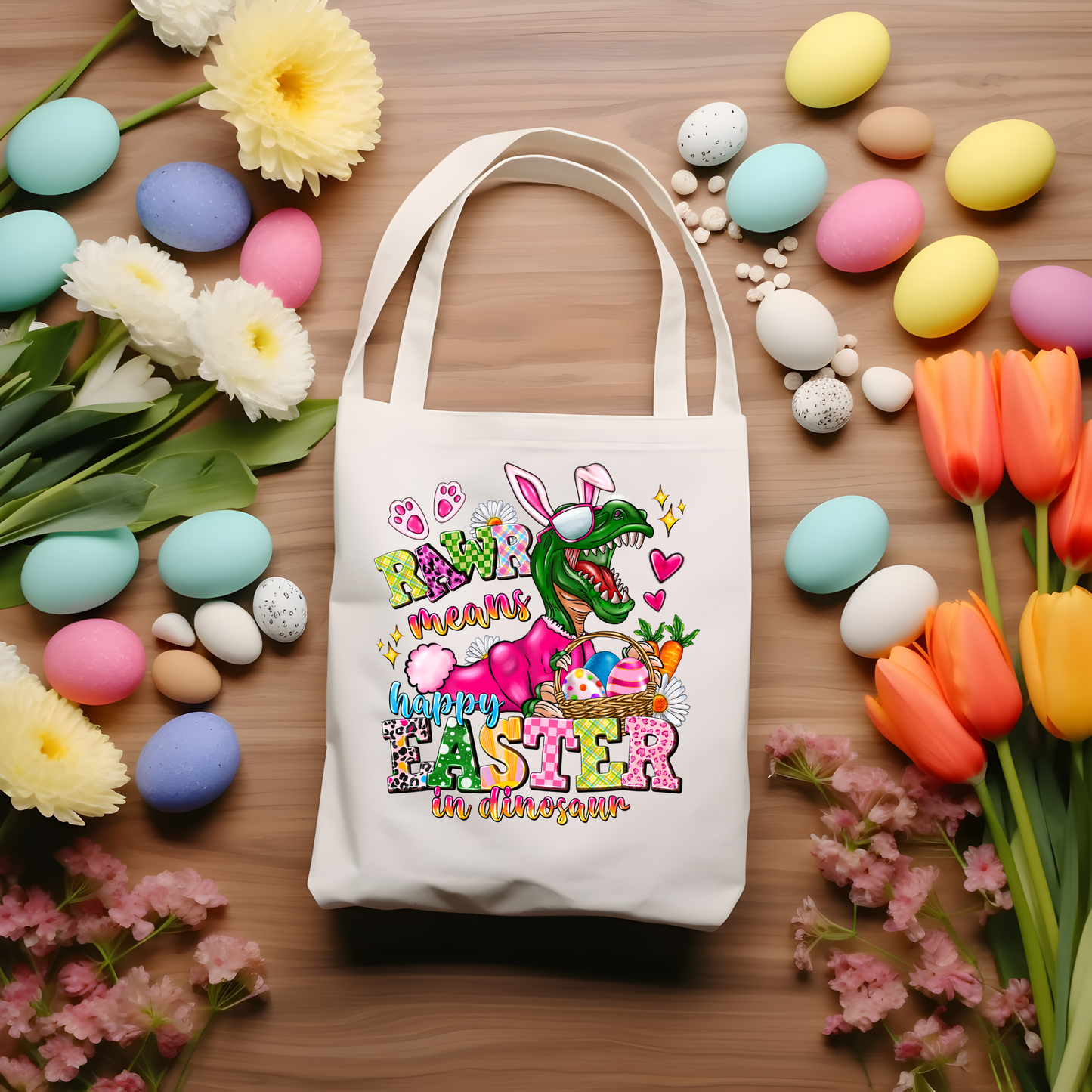 Rawr Means Happy Easter in Dino Canvas Tote
