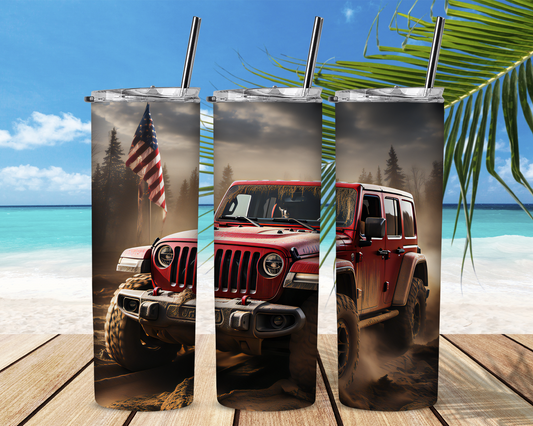 Red Jeep Wrangler with Flag Tumbler