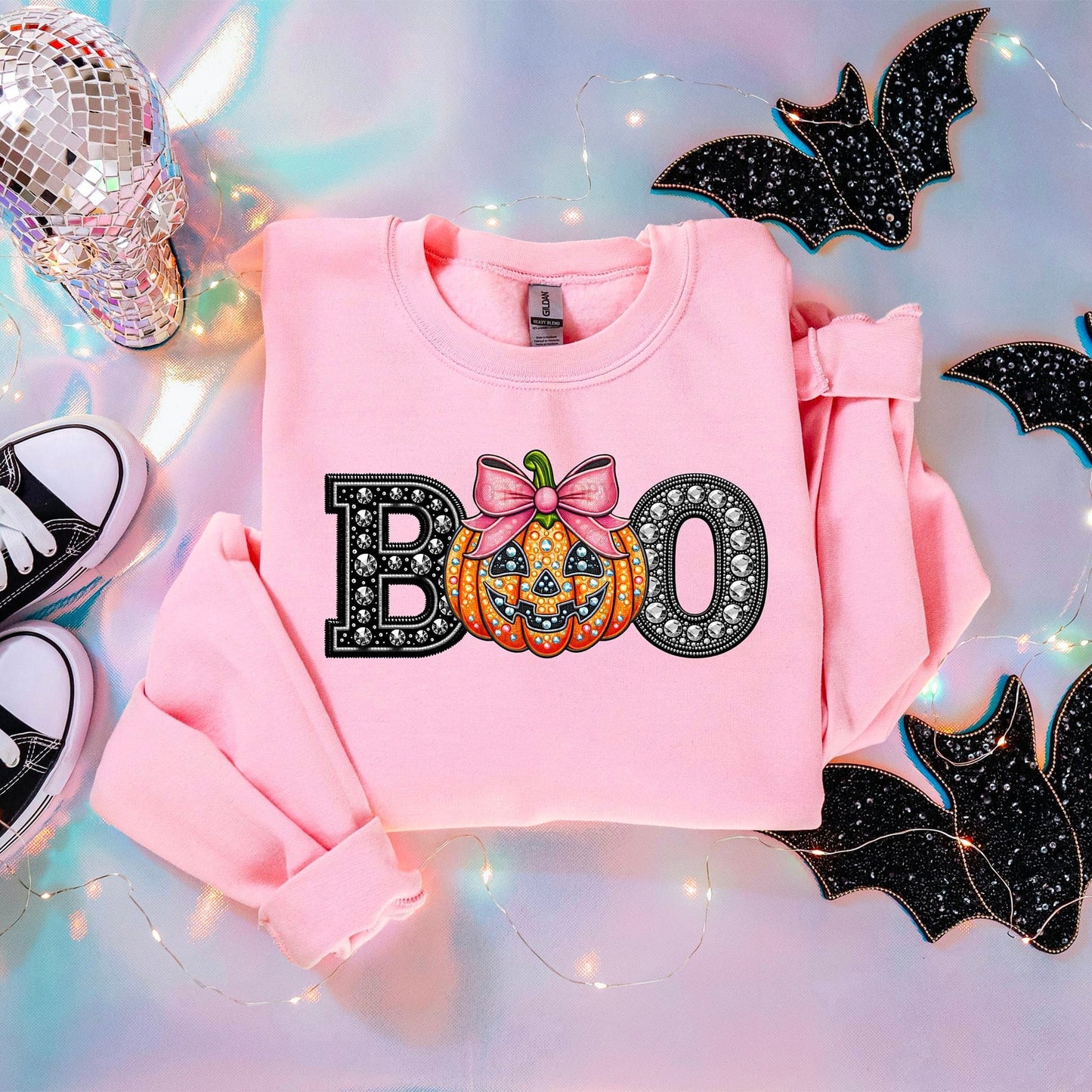 Rhinestones Boo with Pumpkin/Pink Bow