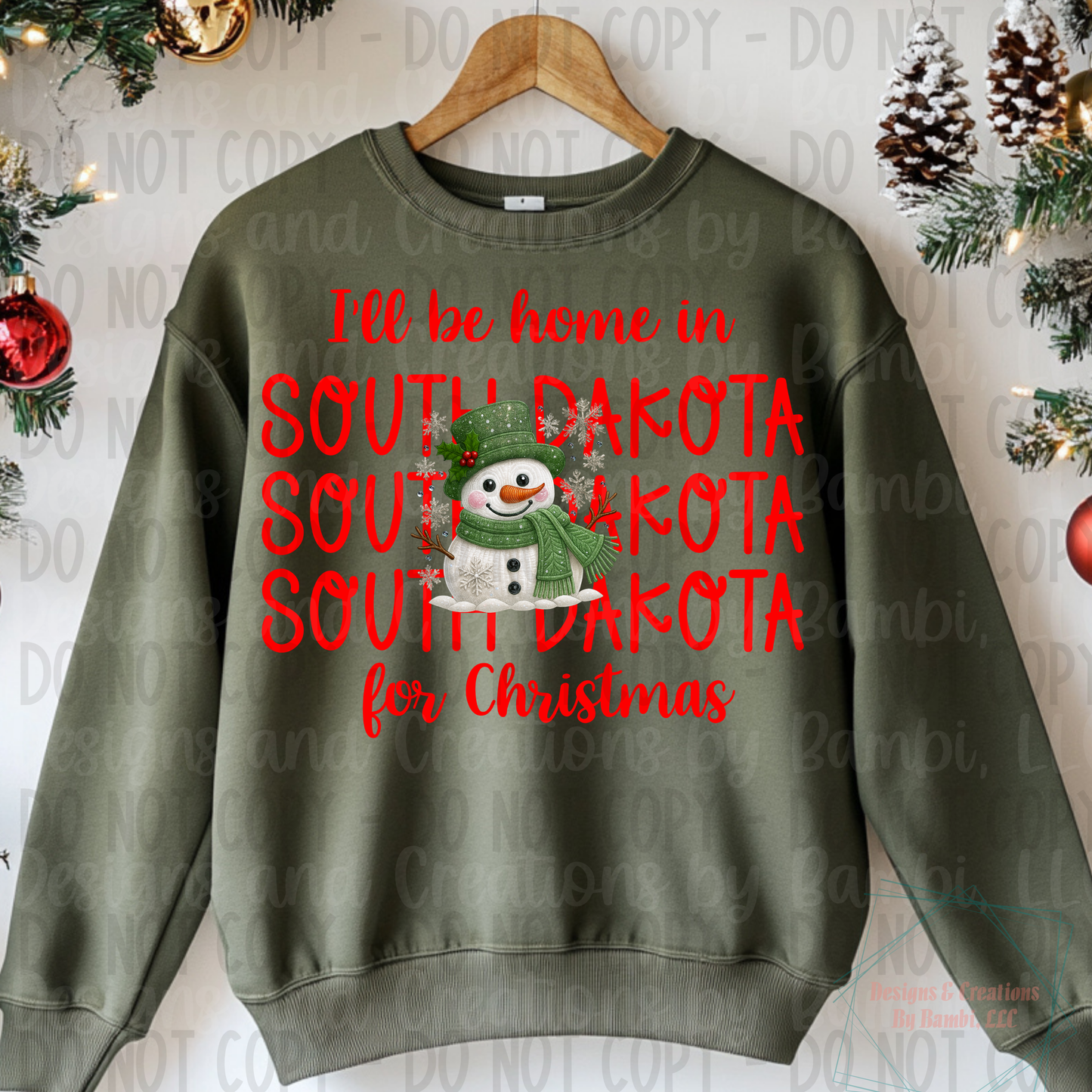 I'll Be Home In States Sage Green Snowman with Red Font Collection