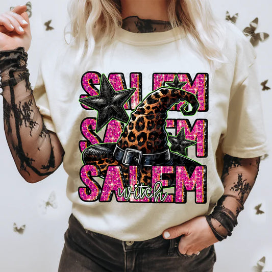 Salem Witch Stacked Pink Font Leopard Hat