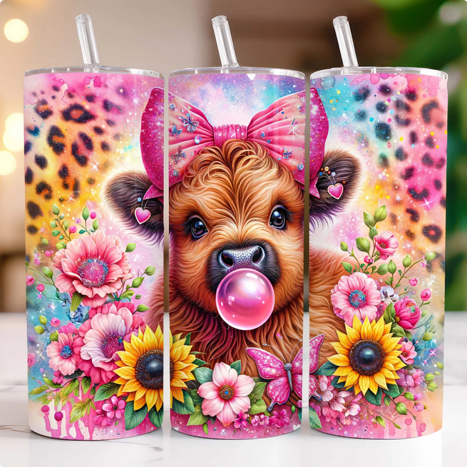 Sunflowers and Leopard Highland Cow Sublimation Tumbler