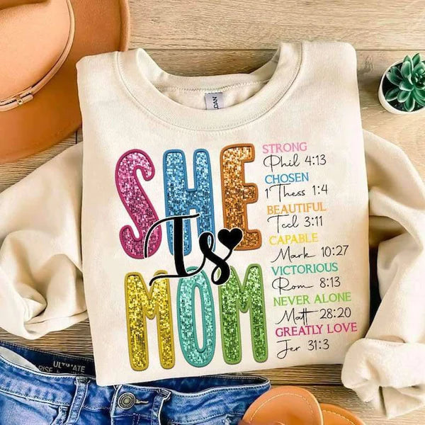 She is Mom Colorful Faux Sequin/Embroidery