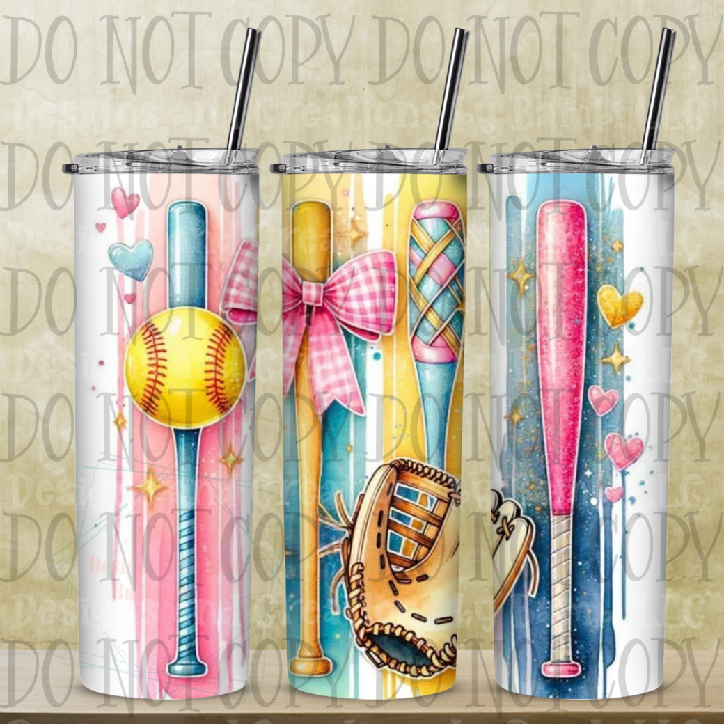 20oz Sublimation Softball, Bats, and Glove Pastel Tumbler