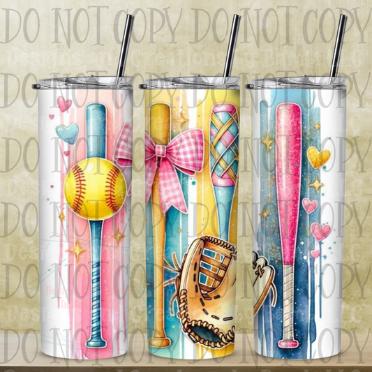 20oz Sublimation Softball, Bats, and Glove Pastel Tumbler