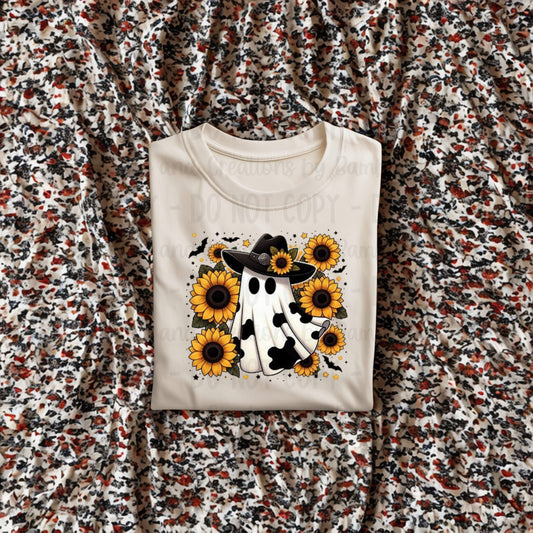Spooky Cow Print Ghost with Sunflowers