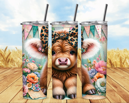 Spring Highland Cow with Leopard Bow Tumbler