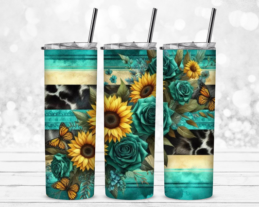 Sunflowers Roses and Cowprint Sublimation Tumbler