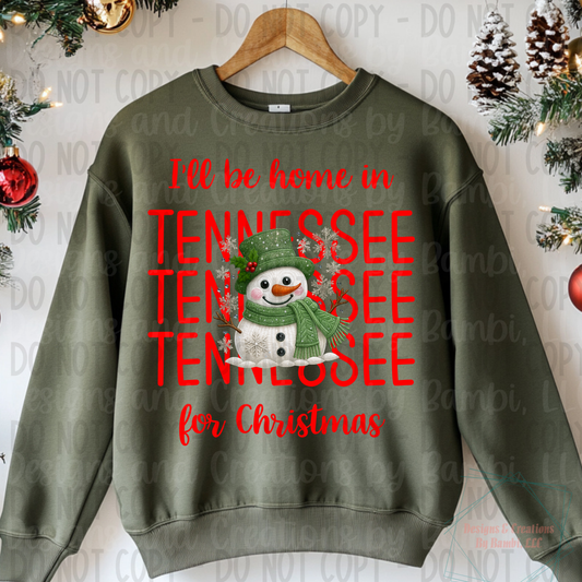 I'll Be Home In States Sage Green Snowman with Red Font Collection