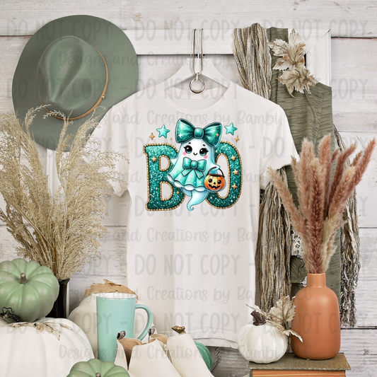 Teal Faux Glitter Boo with Ghost