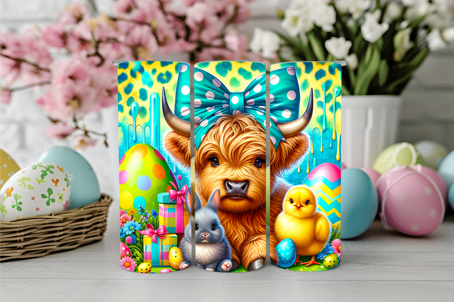 Teal and Yellow Easter Highland Cow Tumbler