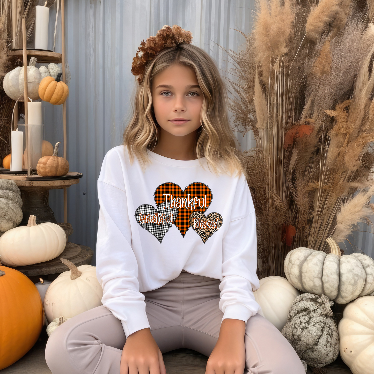 Trio of Thankful-Grateful-Blessed Fall Hearts Completed Shirt- Kid