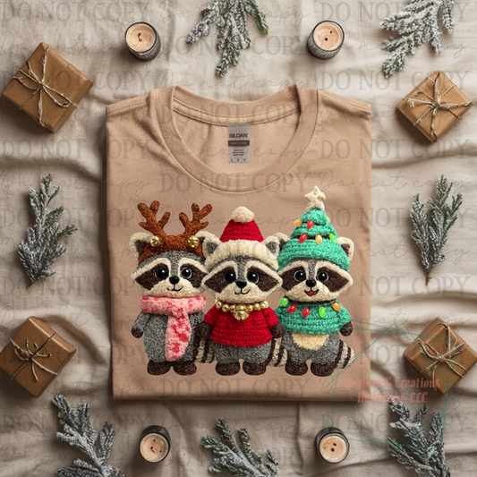 Trio of Festive Faux Yarn Raccoons