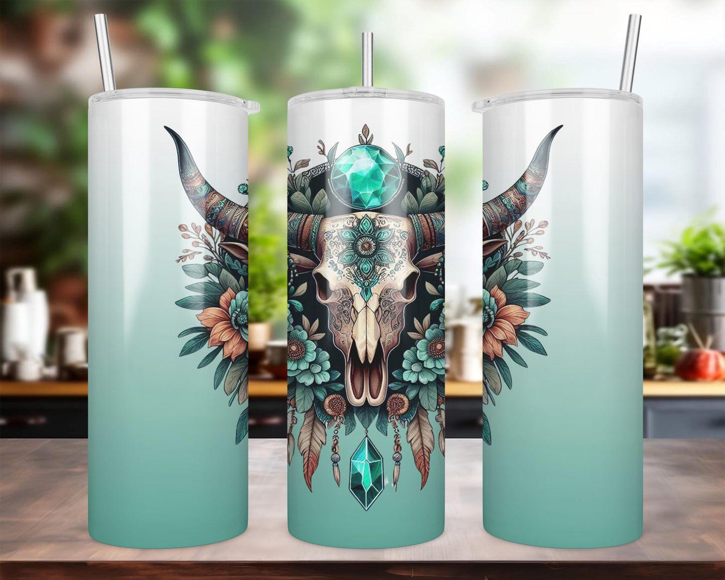 Turquoise And Coral Cow Skull Sublimation Tumbler