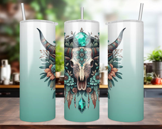 Turquoise And Coral Cow Skull Sublimation Tumbler