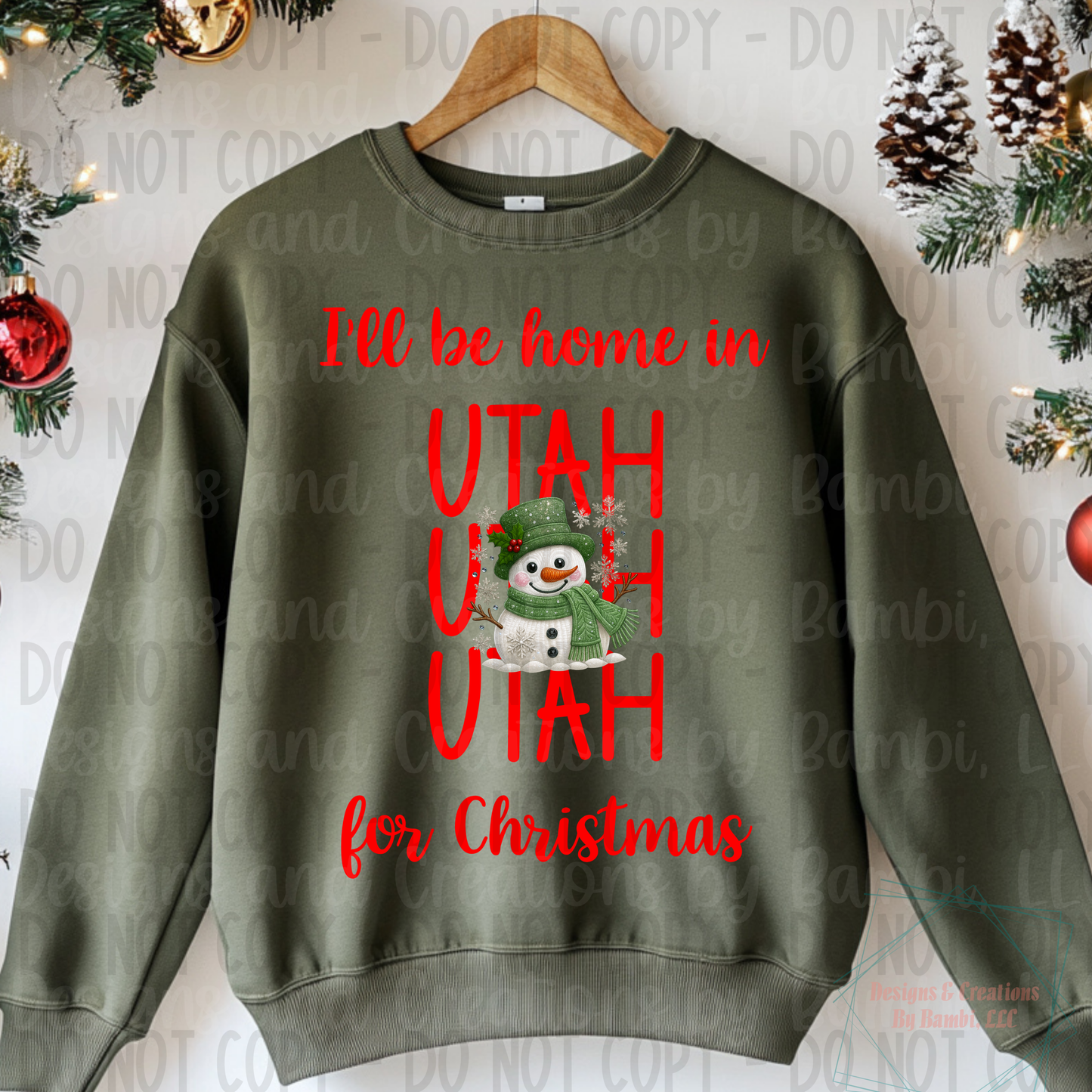 I'll Be Home In States Sage Green Snowman with Red Font Collection