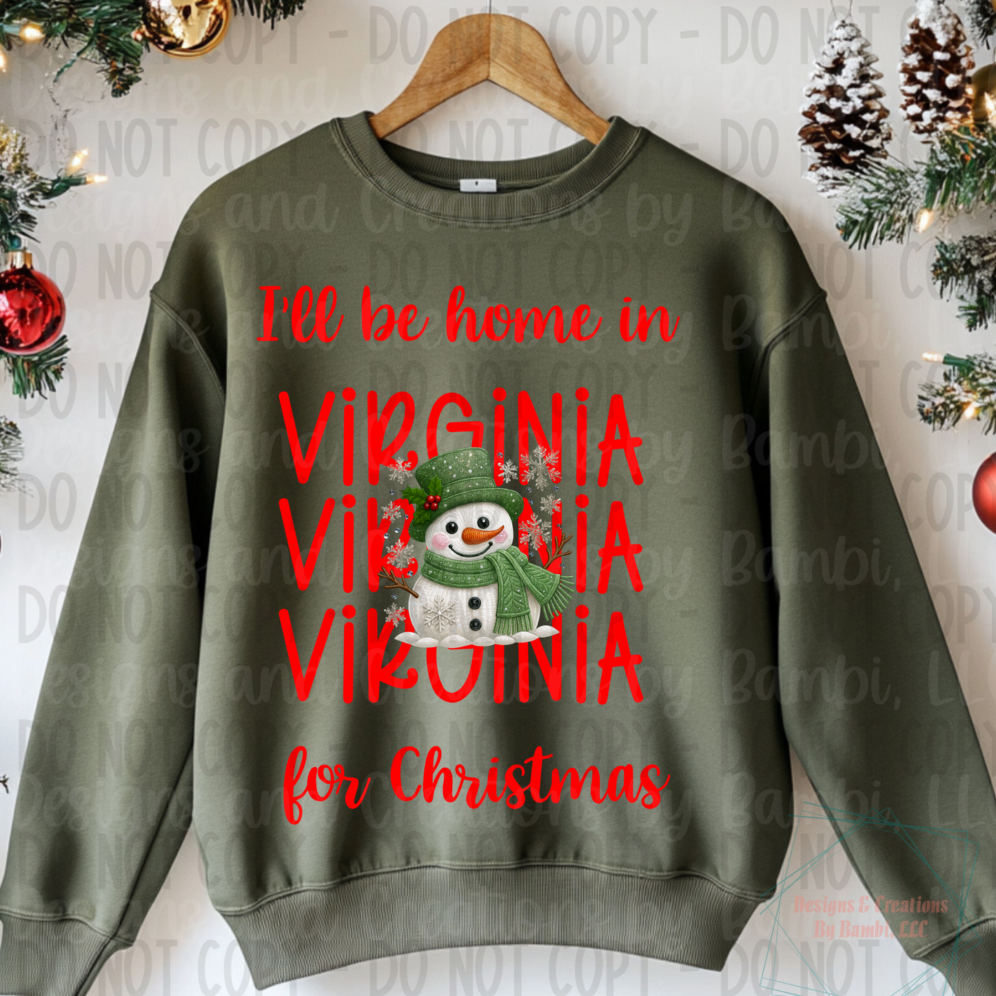 I'll Be Home In States Sage Green Snowman with Red Font Collection