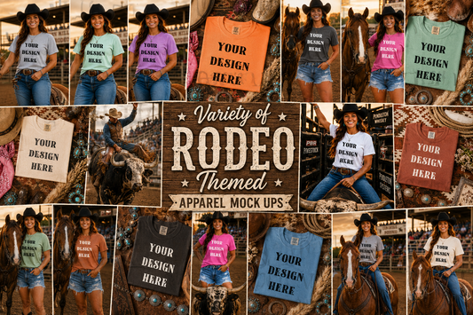 Variety of Rodeo Themed Apparel Mock Ups (Bella Canvas, Comfort Color, and Gildan Brand)